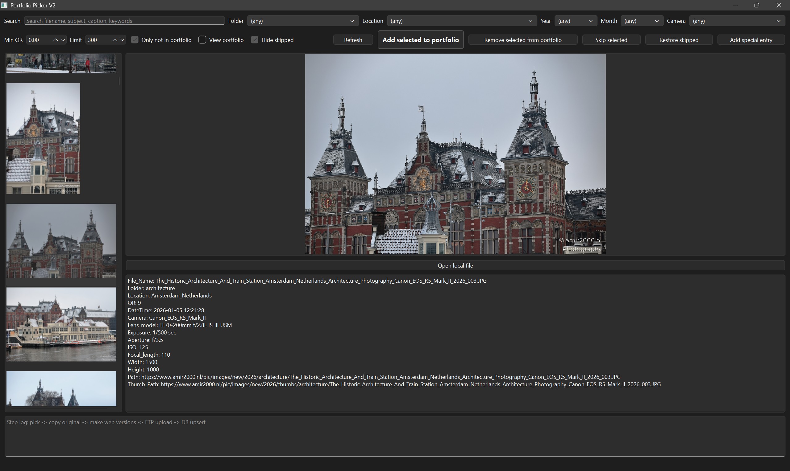 Portfolio Picker V2 main interface with filters, preview, metadata panel, and action buttons