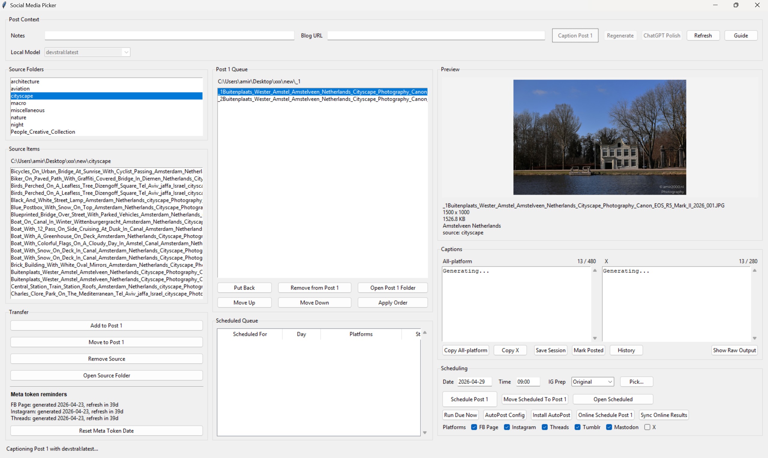 Social Media Picker main interface with source folders, Post 1 queue, preview, captions, scheduling controls, and platform checkboxes