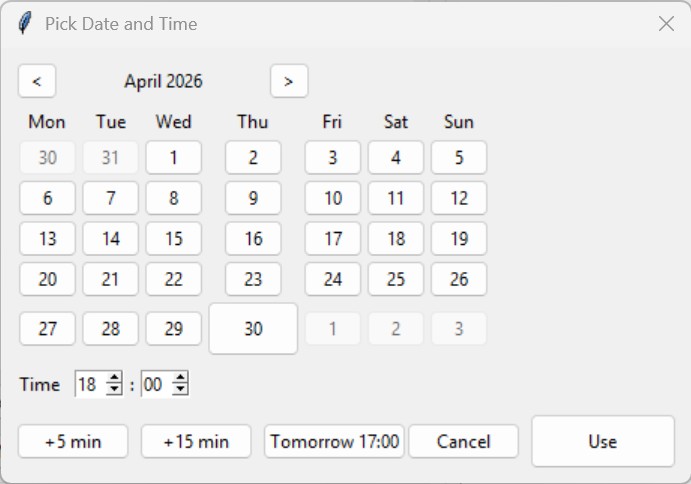Date and time picker window for selecting a scheduled post time