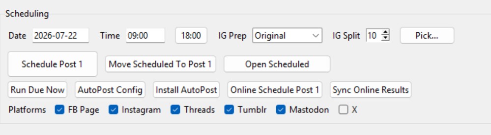 Social Media Picker scheduling controls showing date and time selection, Instagram preparation, per-post Instagram split size, local and online scheduling actions, result sync, and platform checkboxes