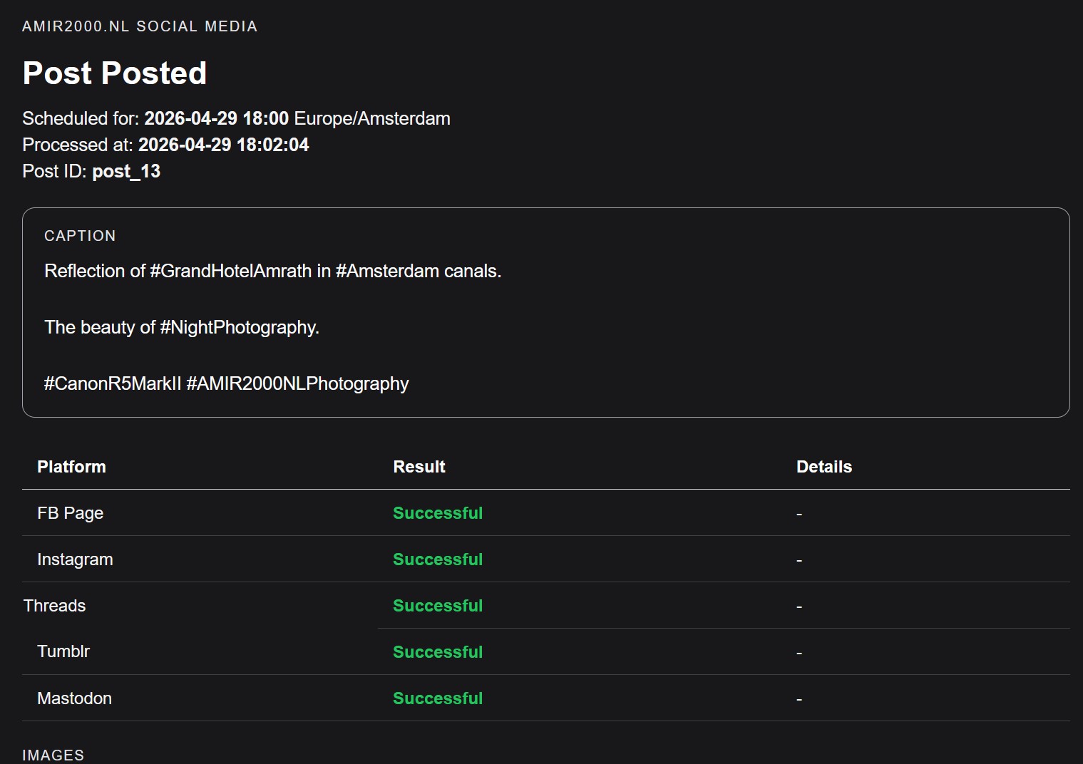 Online AutoPost email summary showing post 13 as posted successfully to FB Page, Instagram, Threads, Tumblr, and Mastodon