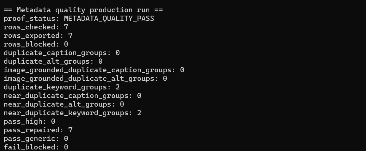 Metadata quality console output showing rows checked and repaired before upload