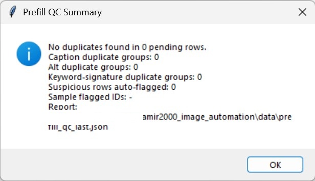 Prefill QC summary dialog showing duplicate and suspicious row checks