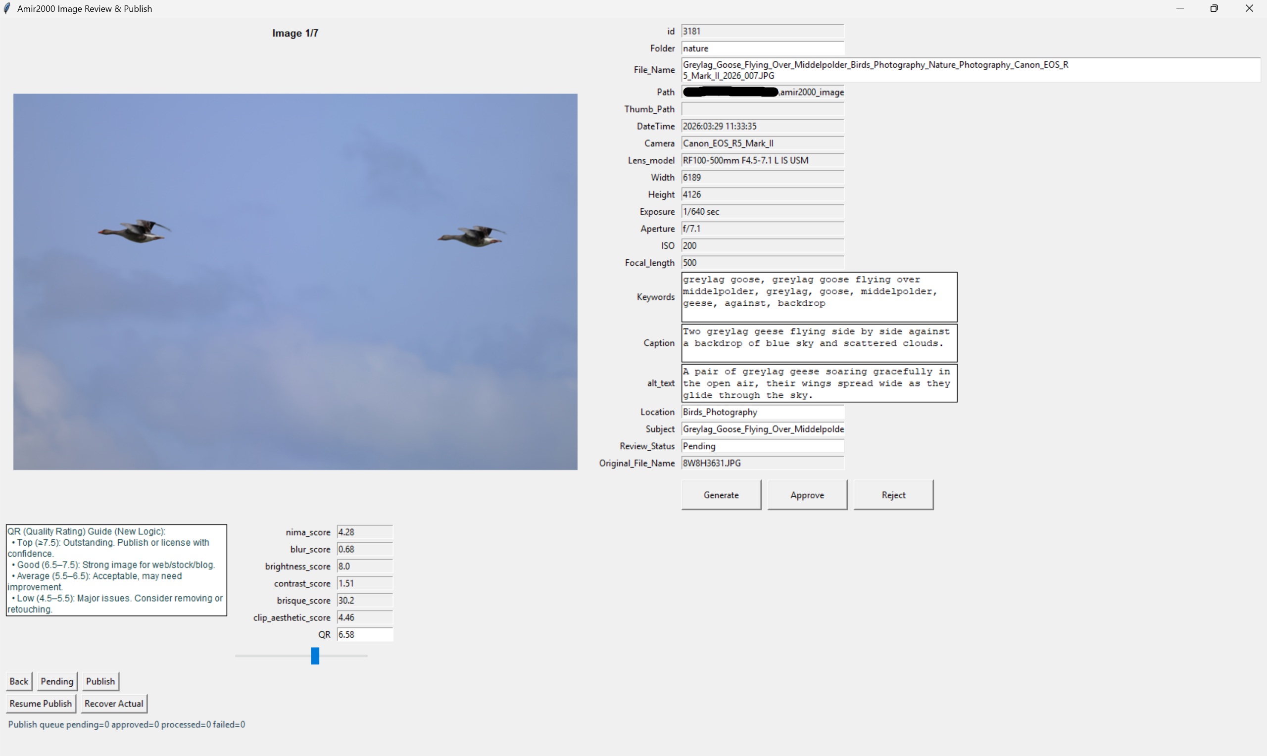 Review Editor V1 showing generated image metadata before approval
