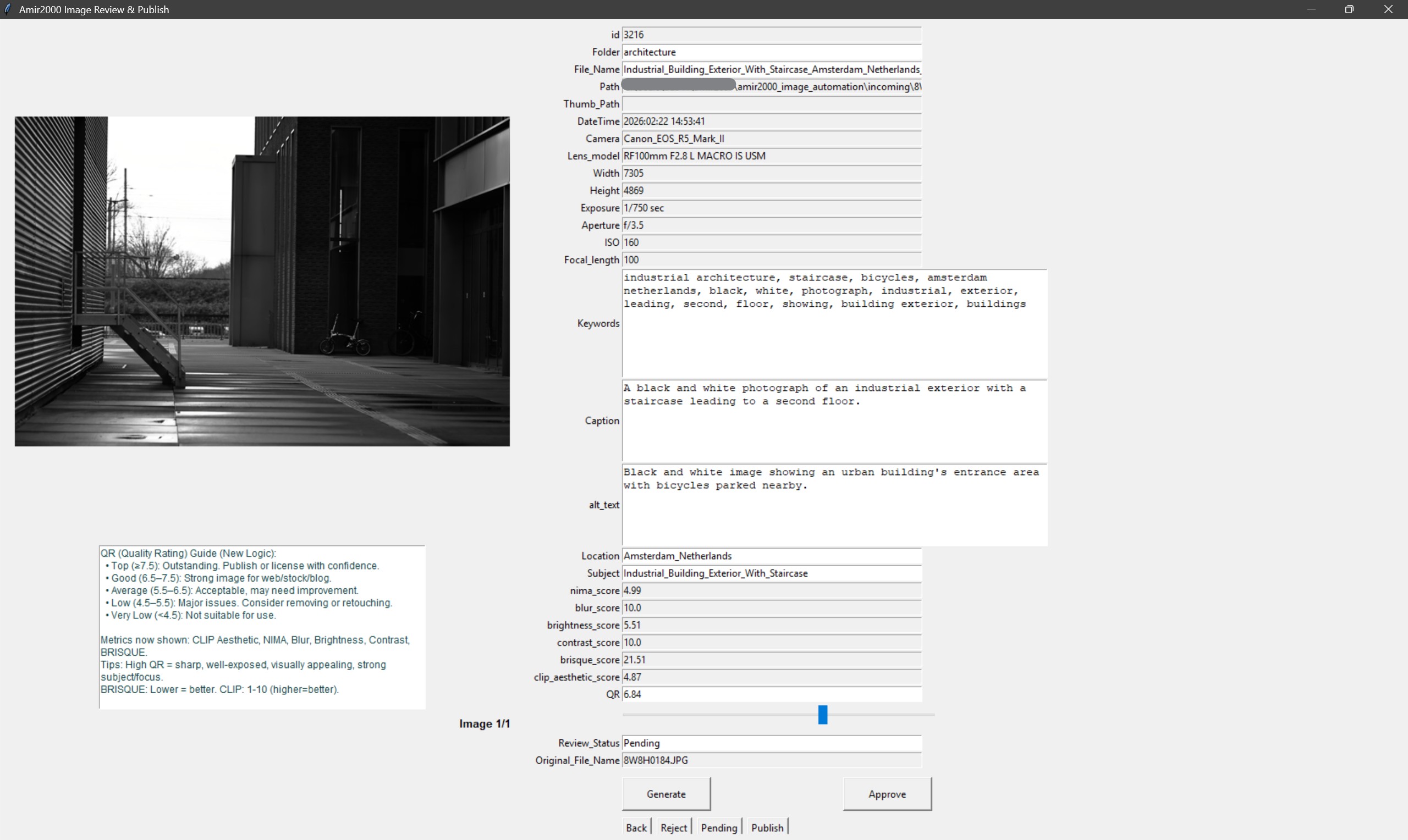 Approved row preview with image, refined caption, keywords, and quality metrics in one panel.