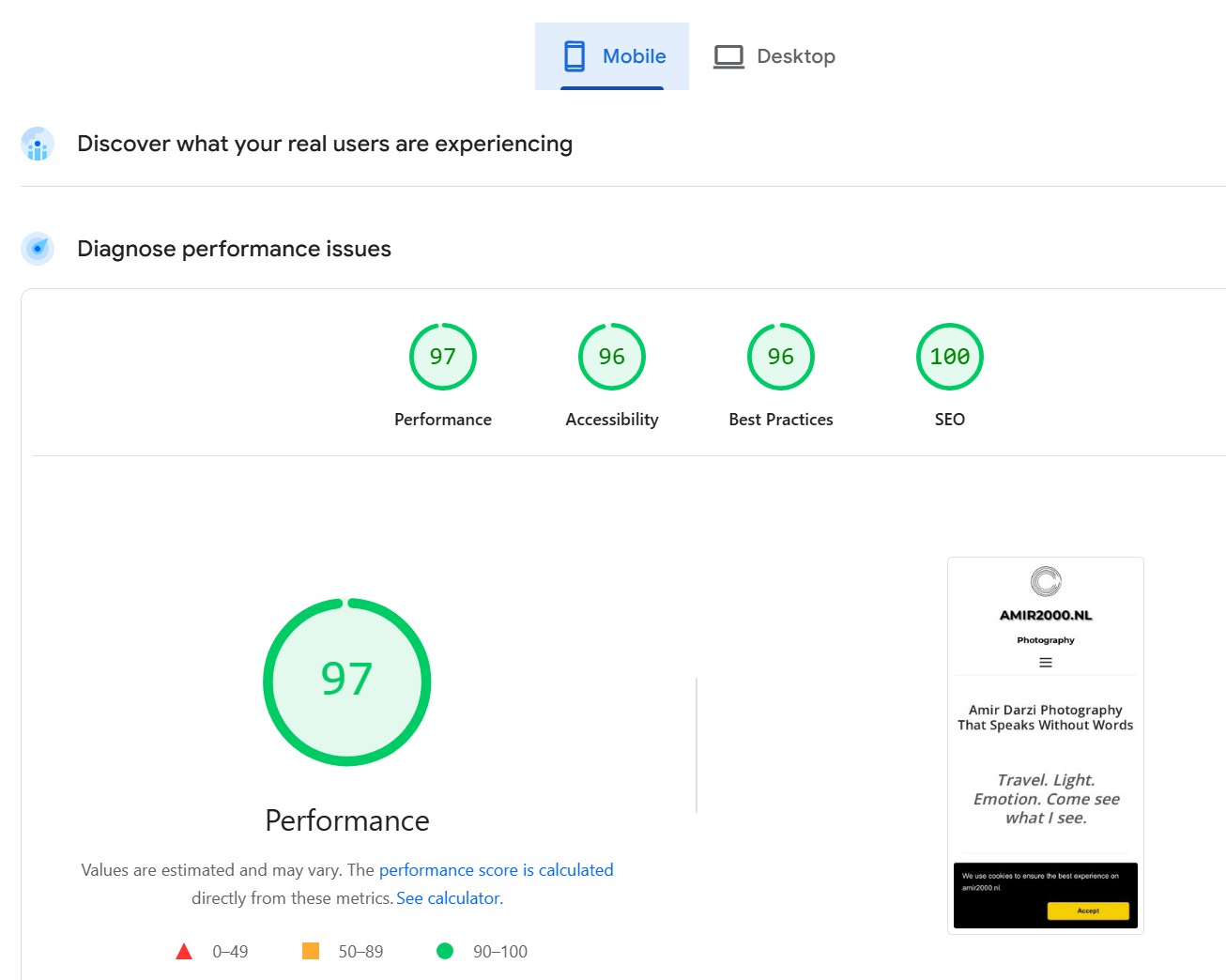 PageSpeed Insights mobile results showing performance 97 and SEO 100 for amir2000.nl