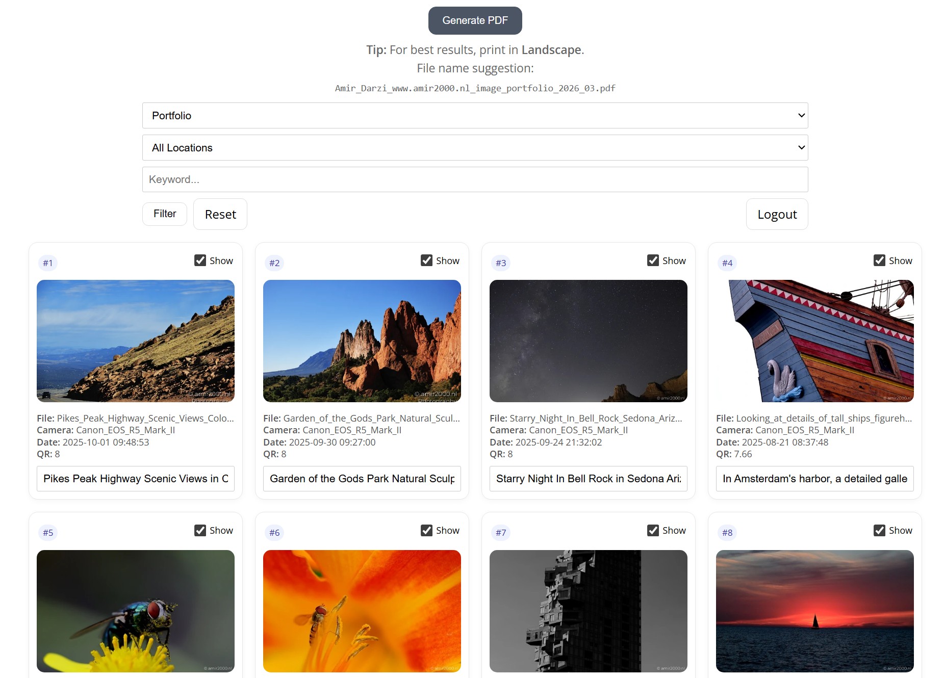 Portfolio admin interface showing filters and editable portfolio cards