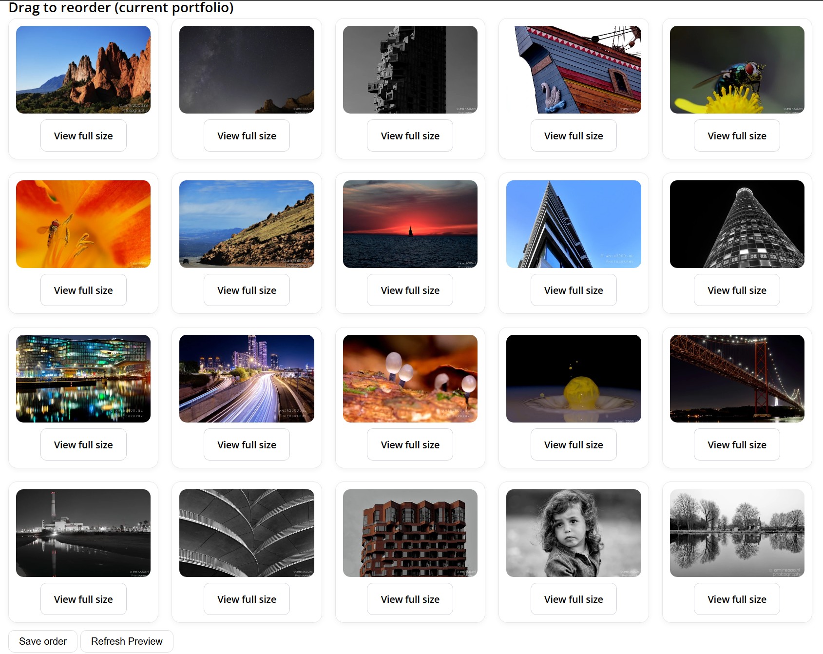Portfolio admin drag reorder section with save order and refresh preview controls