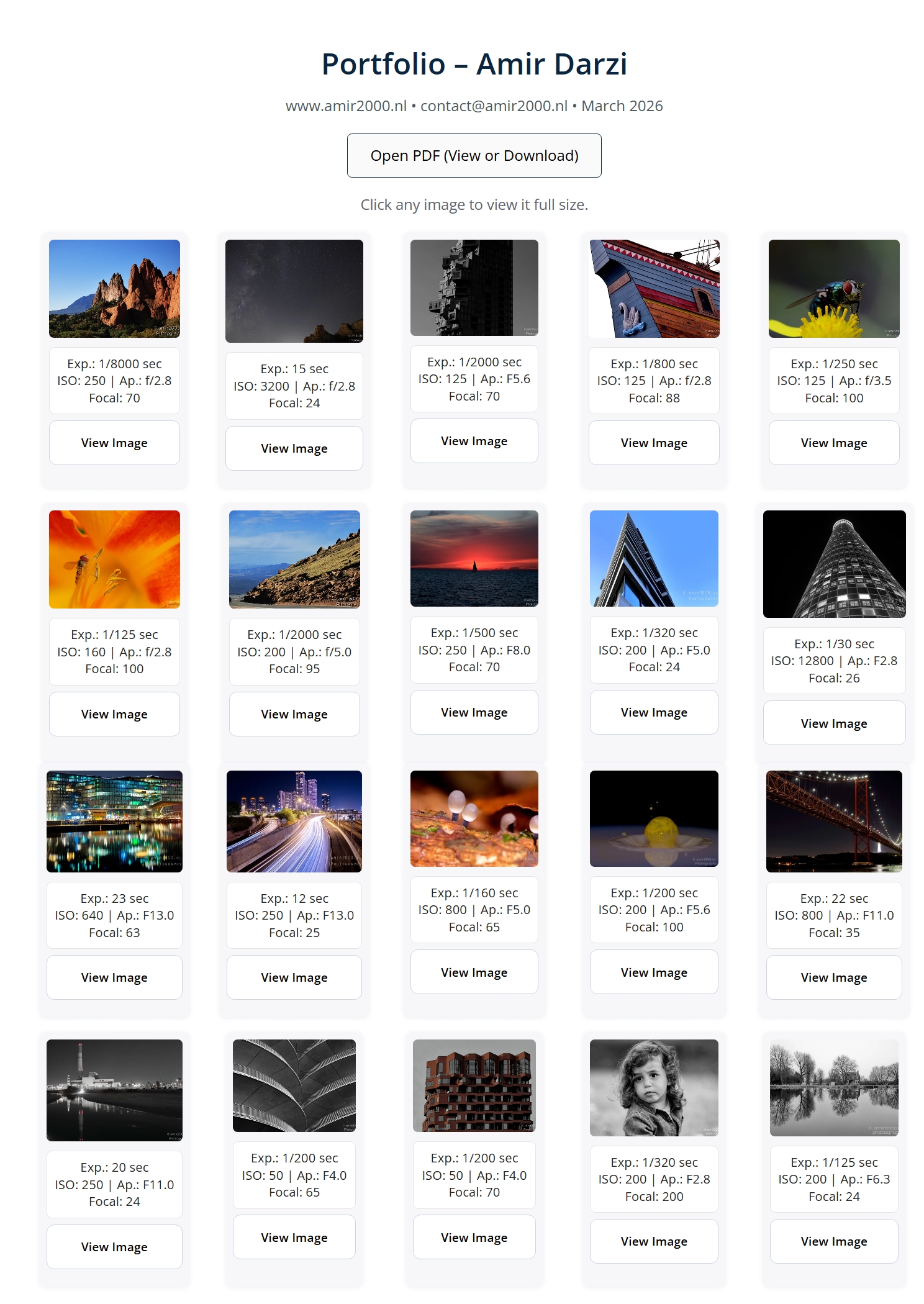 Public portfolio print page grid with open PDF button and EXIF overlays